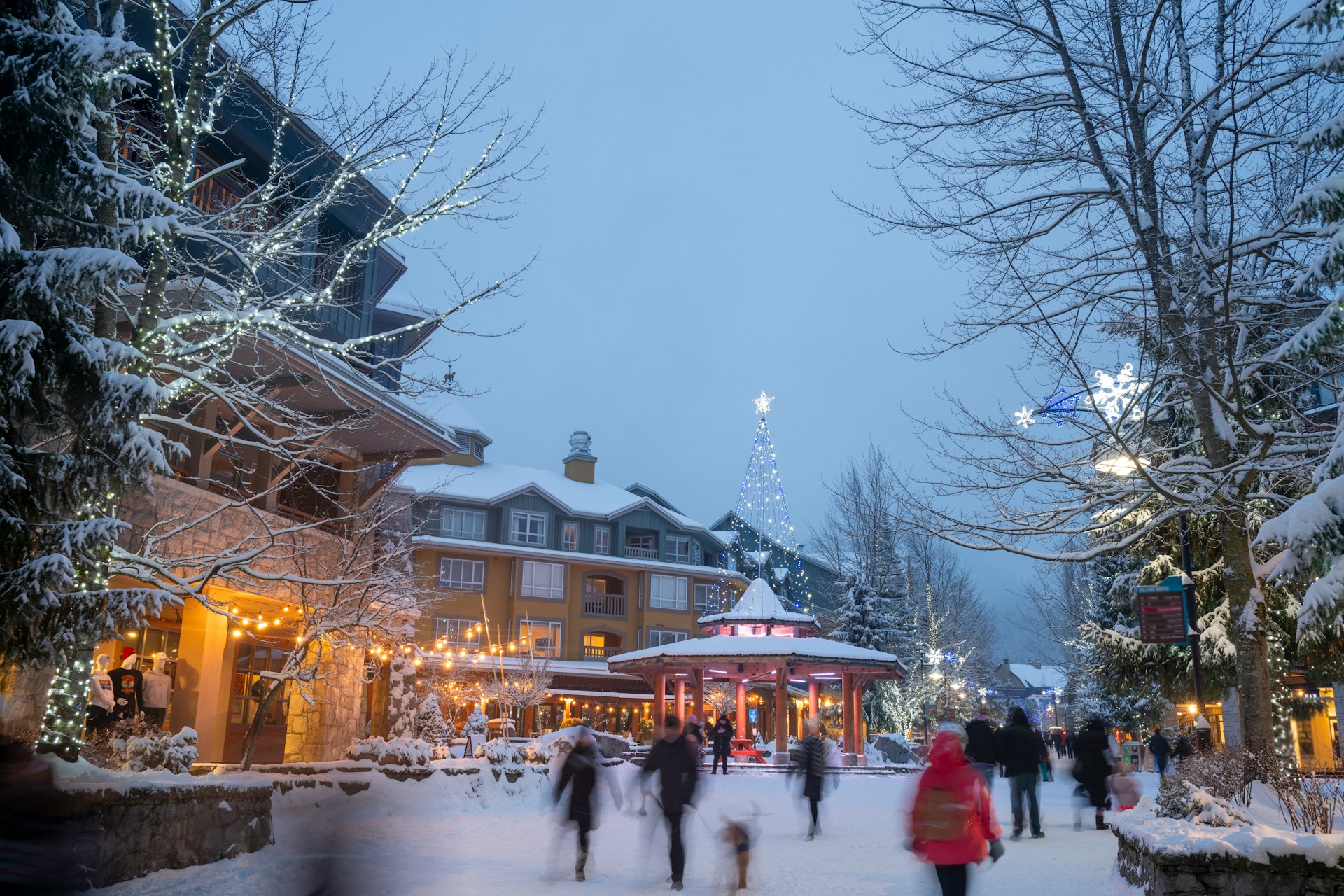 Photo of a snowy hillside ski hotel