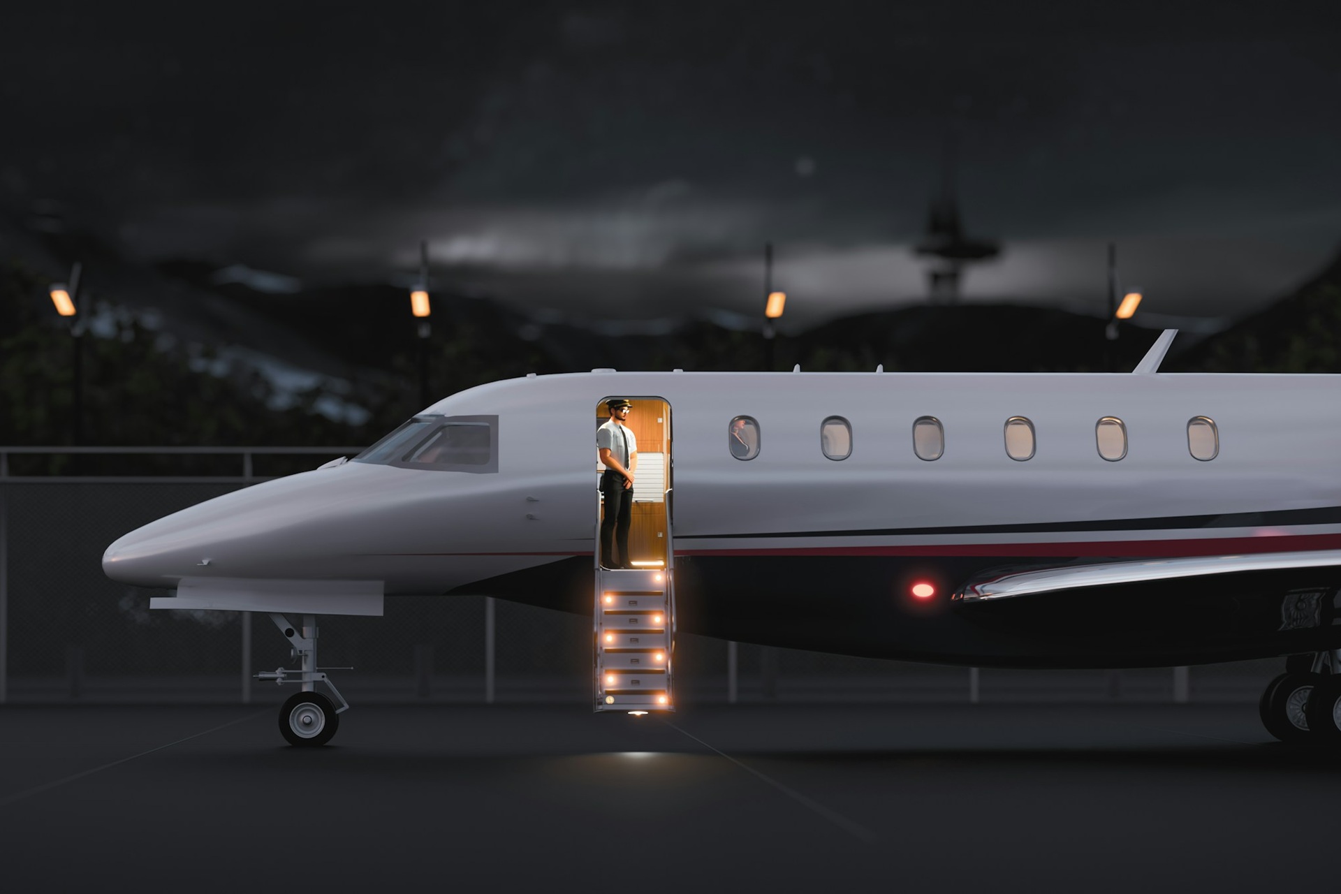 mohamed-nohassi-g4_MJssBPdw-unsplash Photo of a private jet at dusk with the door open with a pilot waiting for you to hop on